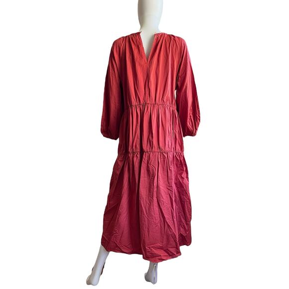 Sundry Coral Rust Cotton Poplin Tiered 3/4 Sleeve Maxi Dress 1 S NWT - Picture 2 of 4